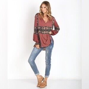 Free People Floral Dobby Changing Times Tunic Brick Combo Blouse Shirt Size XS